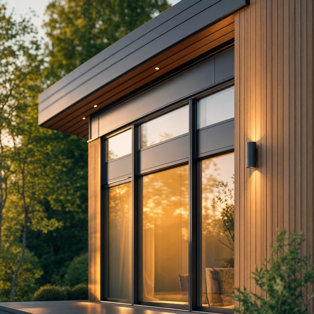 Modern Scandinavian facade detail — vertical wood, dark metal and triple-glazed windows at golden hour