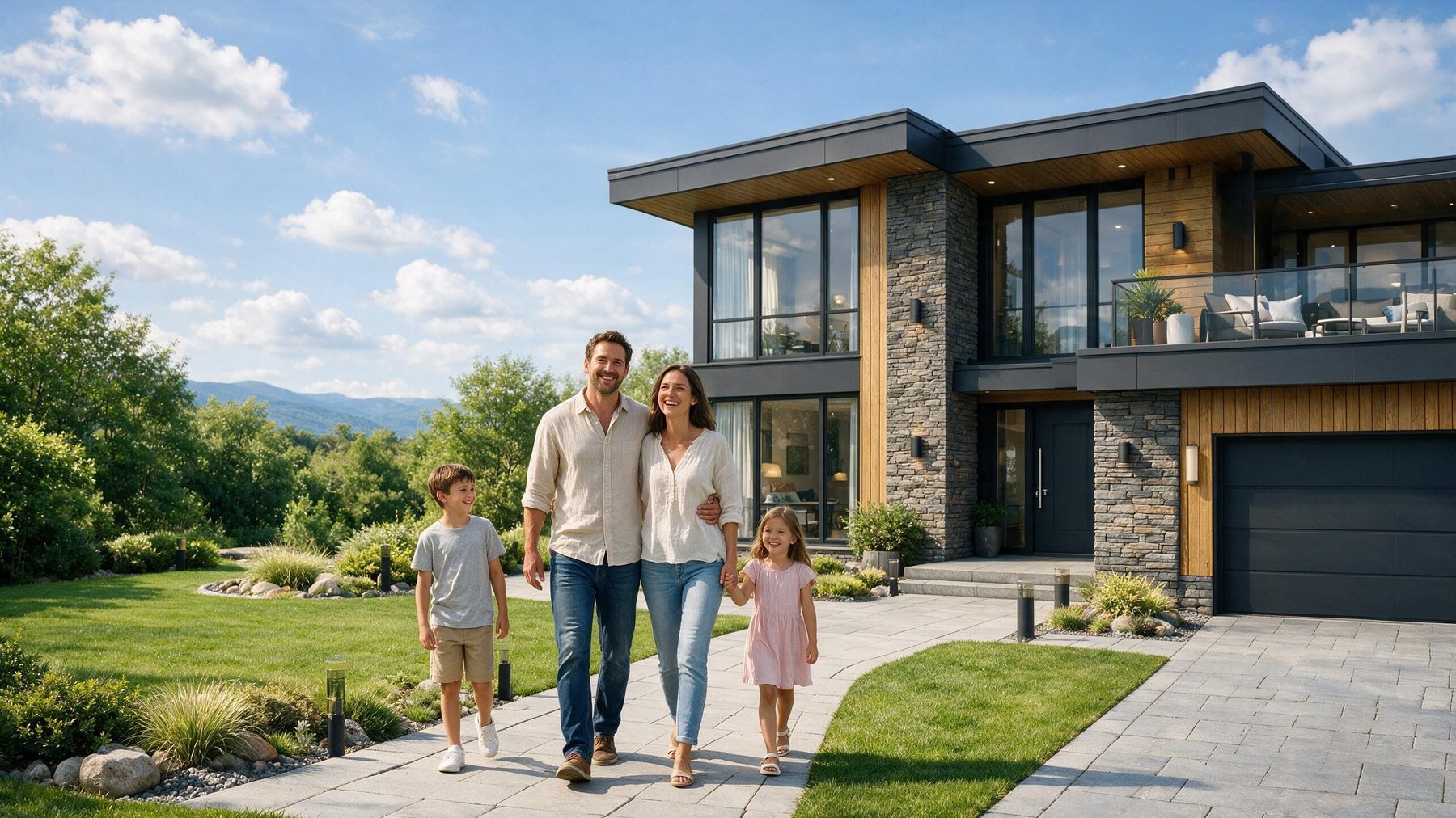 Family walking hand in hand to their home