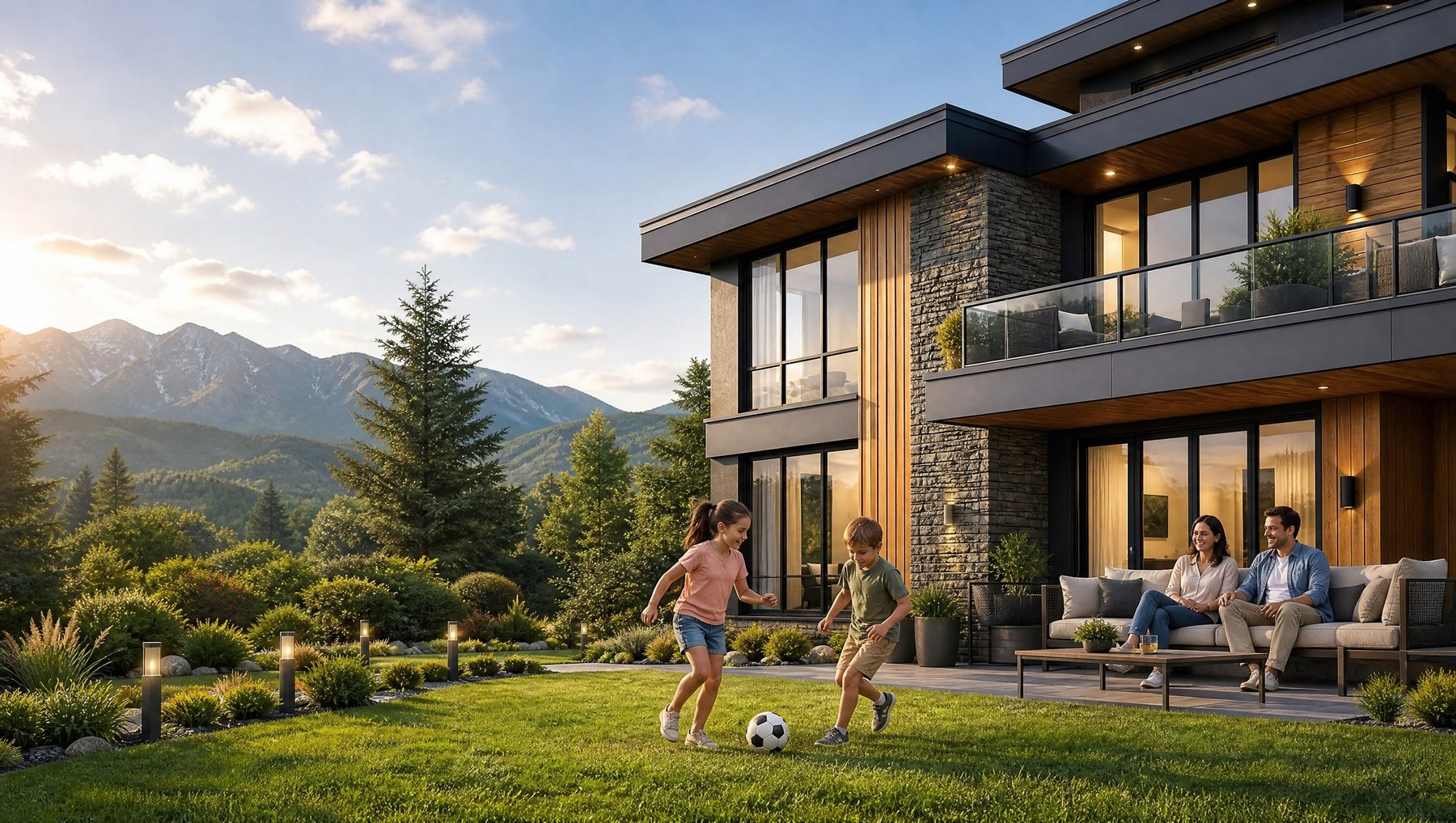 Family in front of modern Scandinavian home