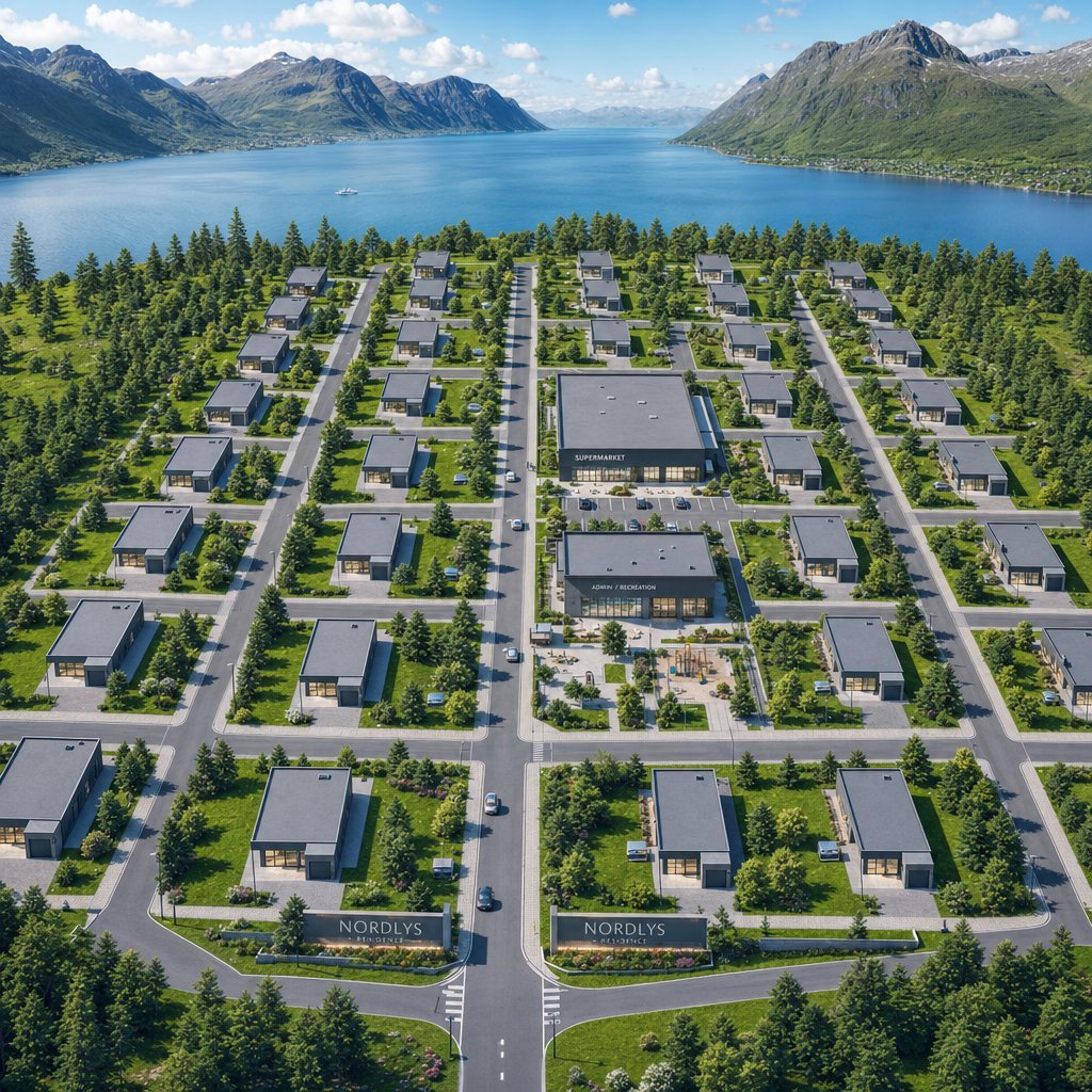 Isometric 3D view of the Nordre Rede community with perpendicular streets and central buildings