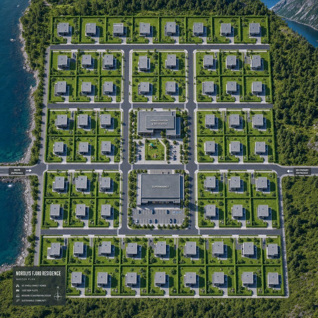 Top-down aerial master plan of the Nordre Rede community showing 50 homes in a perpendicular grid