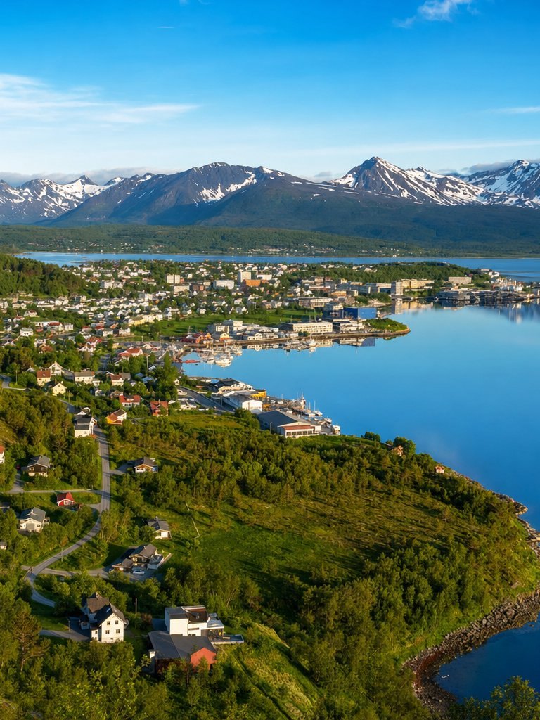 Sortland and the Vesterålen fjord in summer — green hills, blue water and snow-capped mountains
